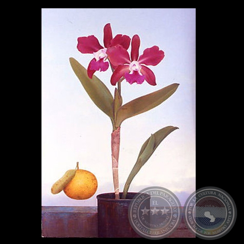 ORQUIDEA ROSADA CON NARANJA, 2004 - Óleo sobre lienzo de SEBASTIÁN DÍAZ